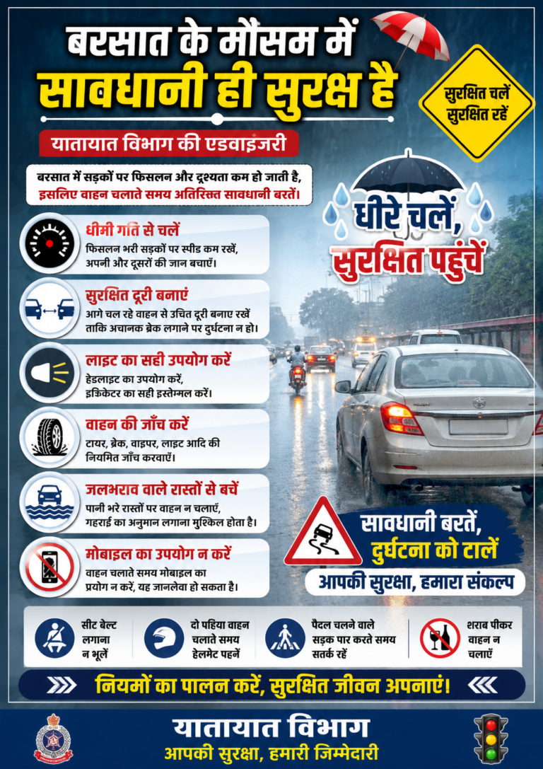 बरसात में सावधानी ही सुरक्षा: यातायात पुलिस बिलासपुर ने जारी की विस्तृत एडवाइजरी, वाहन चालकों और आम नागरिकों से सतर्क रहने की अपील